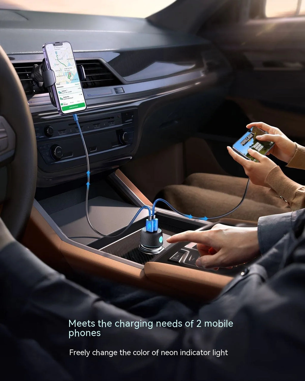 60W dual port button car charger with seven colour ambient light in black PC ABS fireproof material