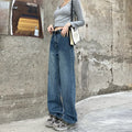 Women's retro blue straight-leg jeans with a high waist on a hanger.