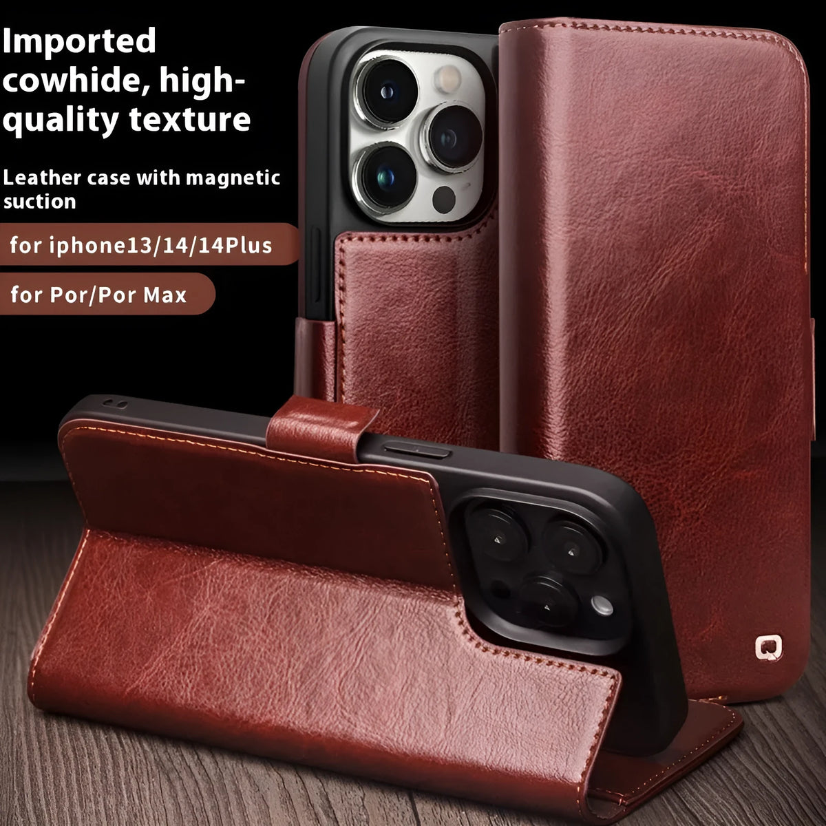 Genuine leather magnetic flip phone case for iPhone 13 and iPhone 14 models in black, brown or colour matching