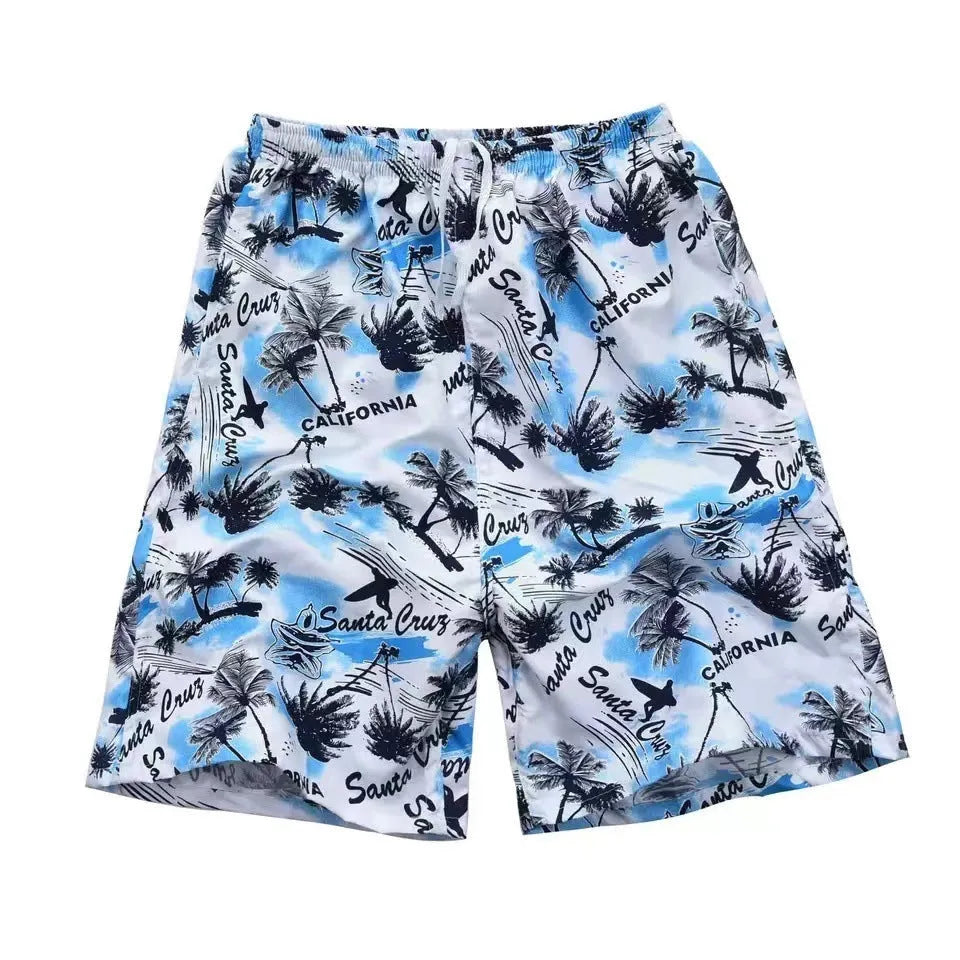 Men's floral printed swimming trunks with five-point cut design in polyester fabric