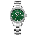 Silver women's fashion watch with diamond bezel, luminous hands on a 34mm round stainless steel dial.