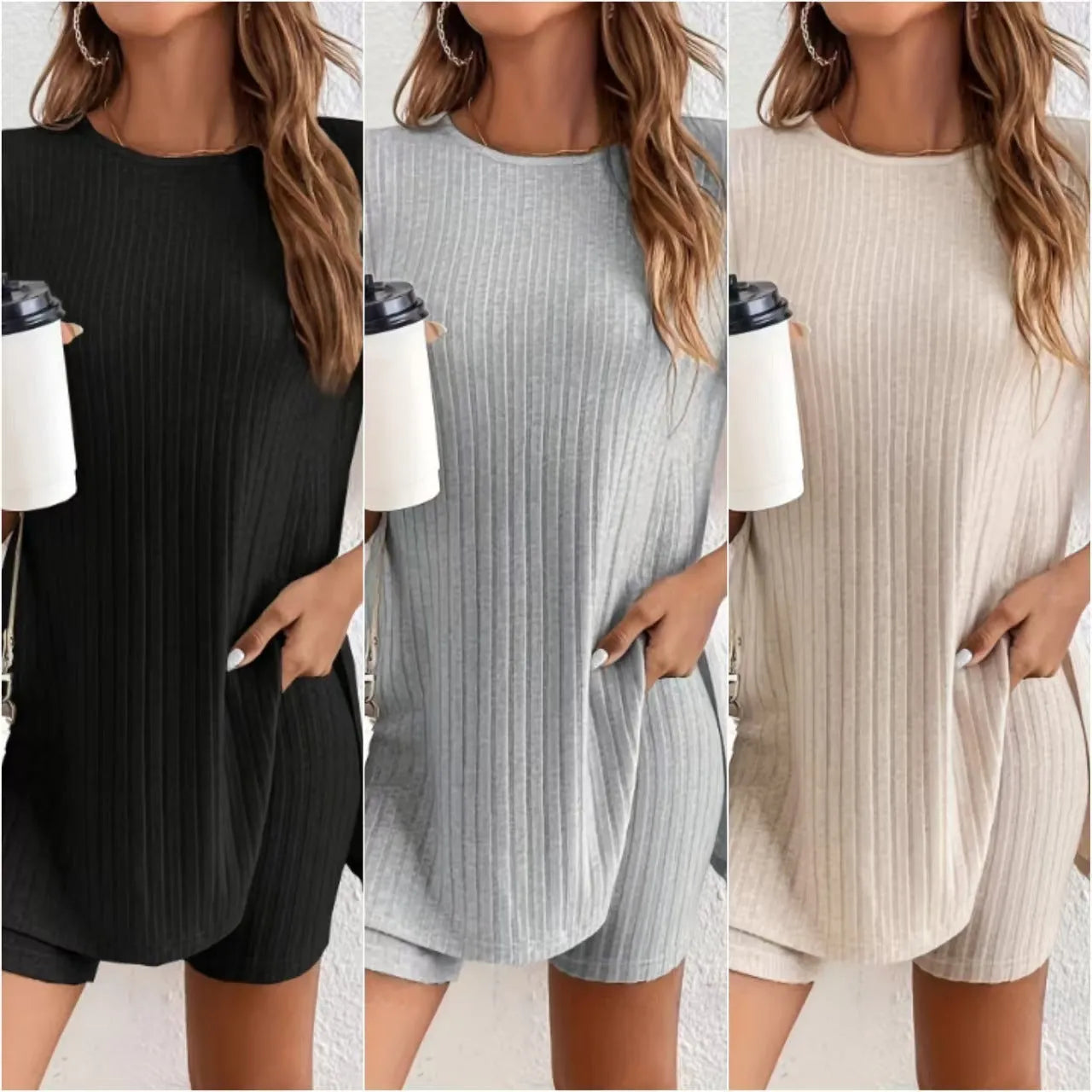 Women's black cotton shorts suit set with ribbed texture showing crew neck top and matching shorts