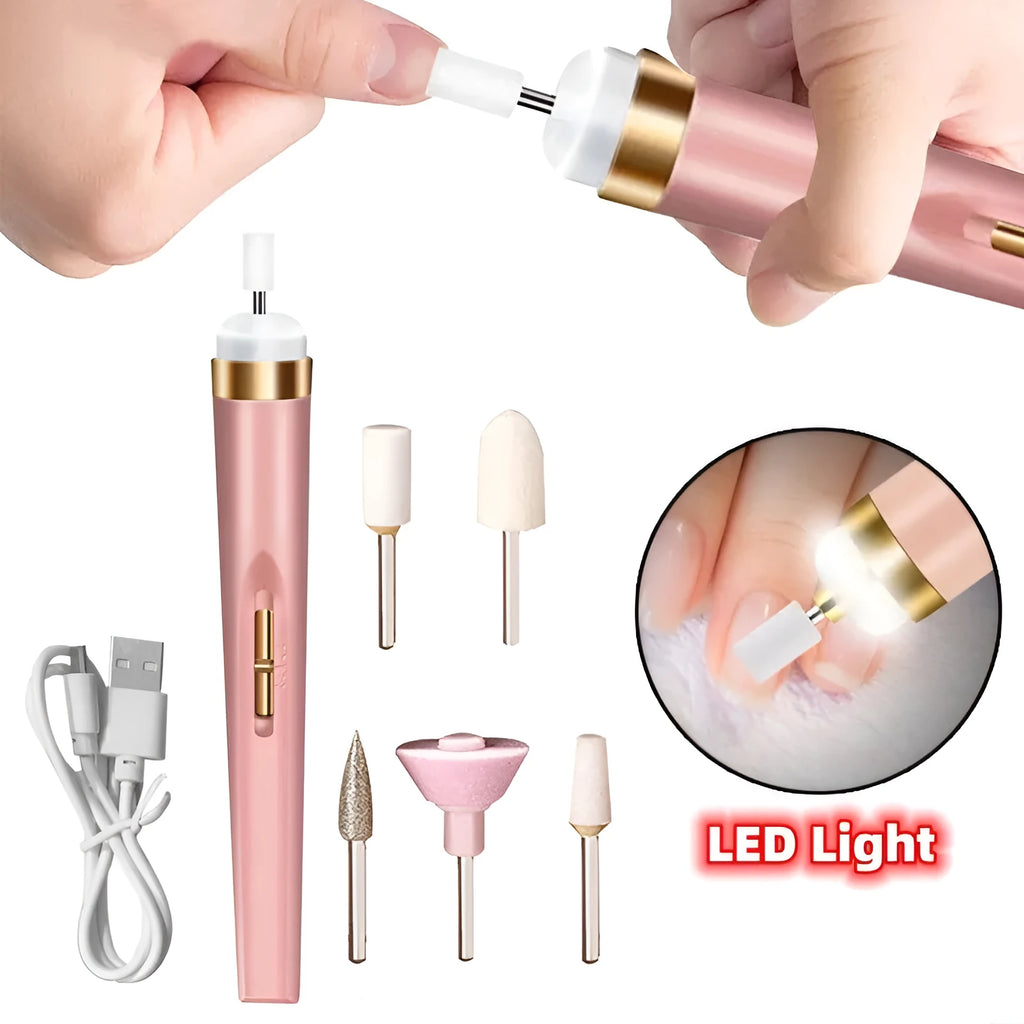White cordless electric nail drill machine with LED light, five abrasive heads, and a USB charging cable on a pink background.