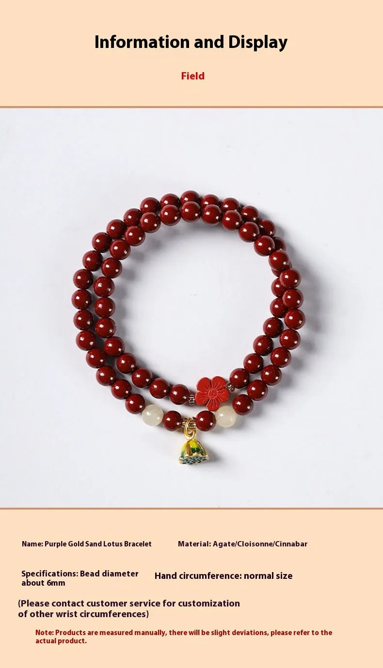 Purple gold sand bracelet with lotus seedpod beads in double circle hand-woven design