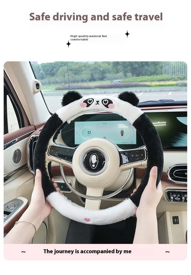 Plush cartoon animal steering wheel cover with rabbit fur trim, fitted on a 38cm car steering wheel.
