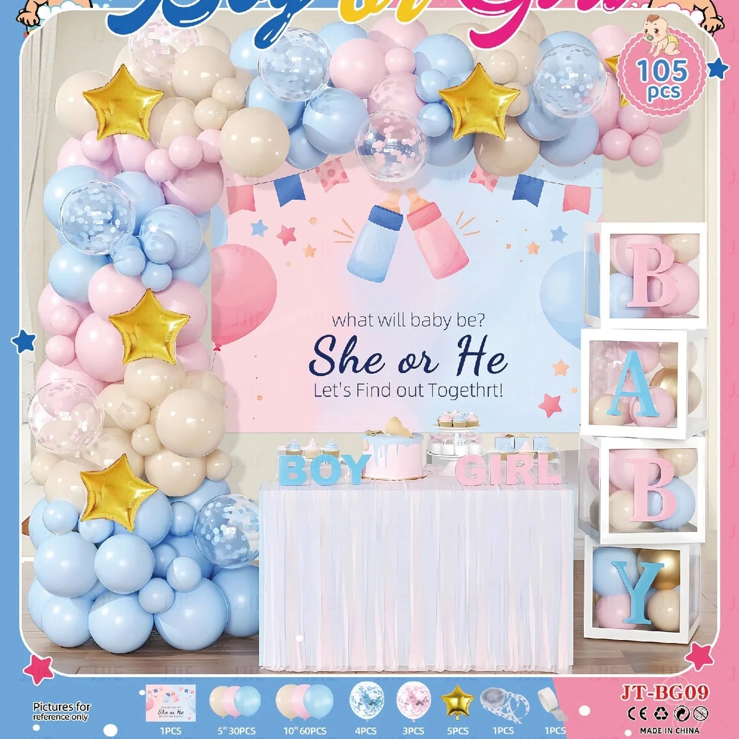 Gender reveal balloon decoration kit with aluminum foil round balloons, pink bottle, blue bottle, and ribbon