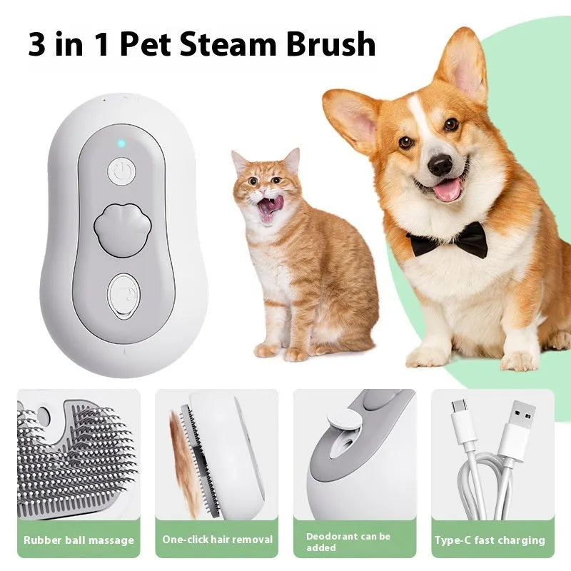 A handheld grey cat grooming massage comb with a brush head and built-in spray nozzle.
