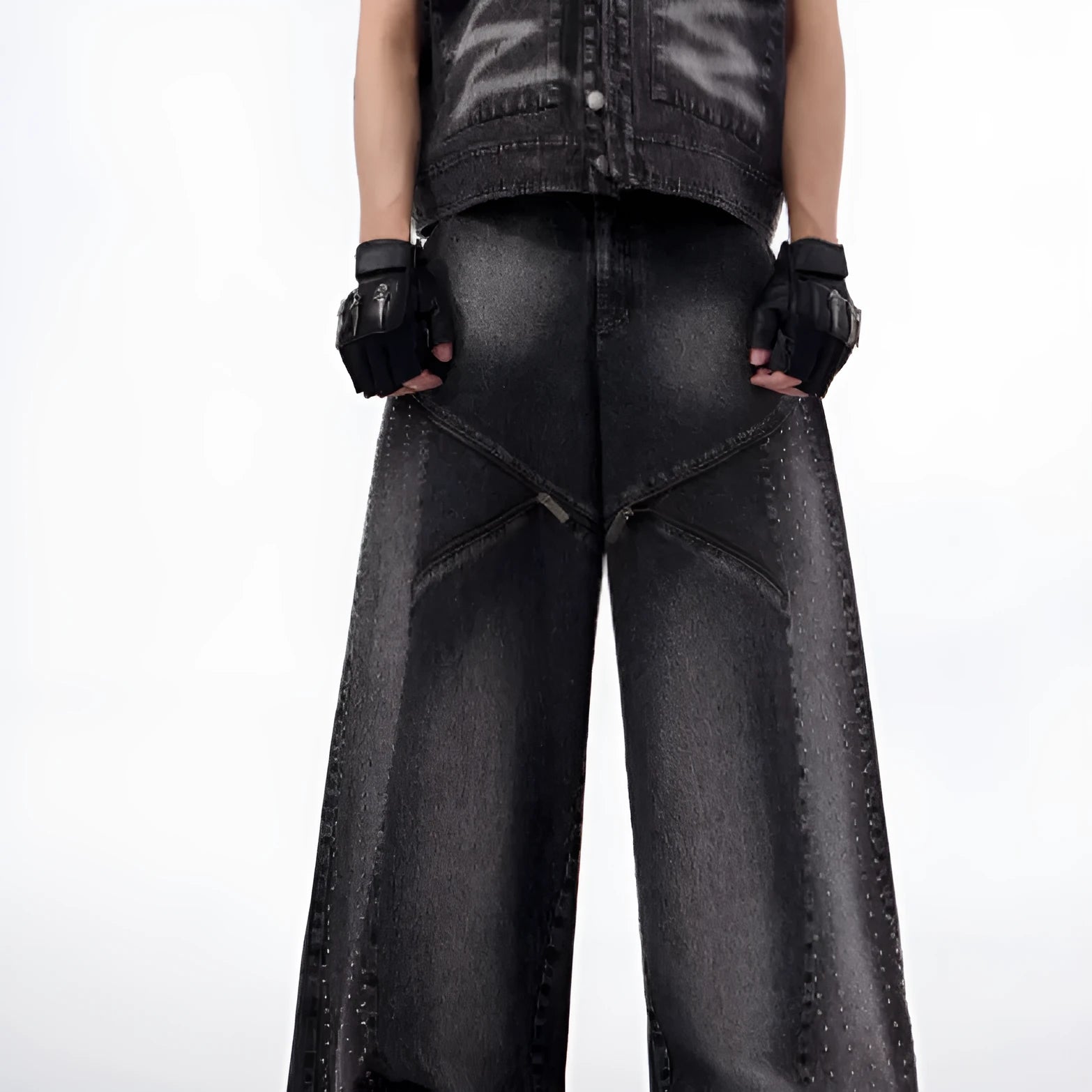 Korean style two-piece set with structure zipper wide leg pants and matching top in black and grey washed cotton denim