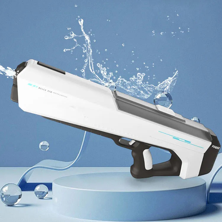Fully electric water gun in sky blue with automatic water intake and 12m range for summer play