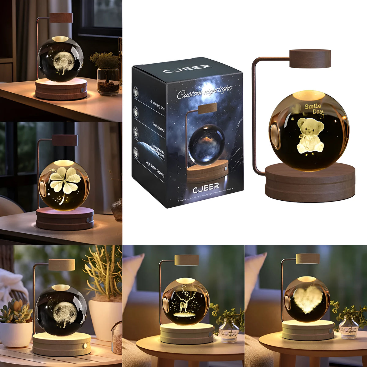 Crystal ball cosmic dinosaur indoor night light with 3D etched pattern, walnut base, and USB power cable