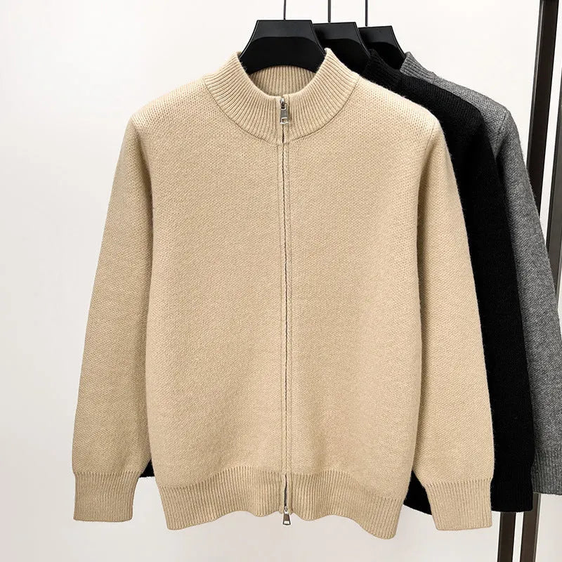 Men's black stand collar knitted cardigan with front zipper in loose fit