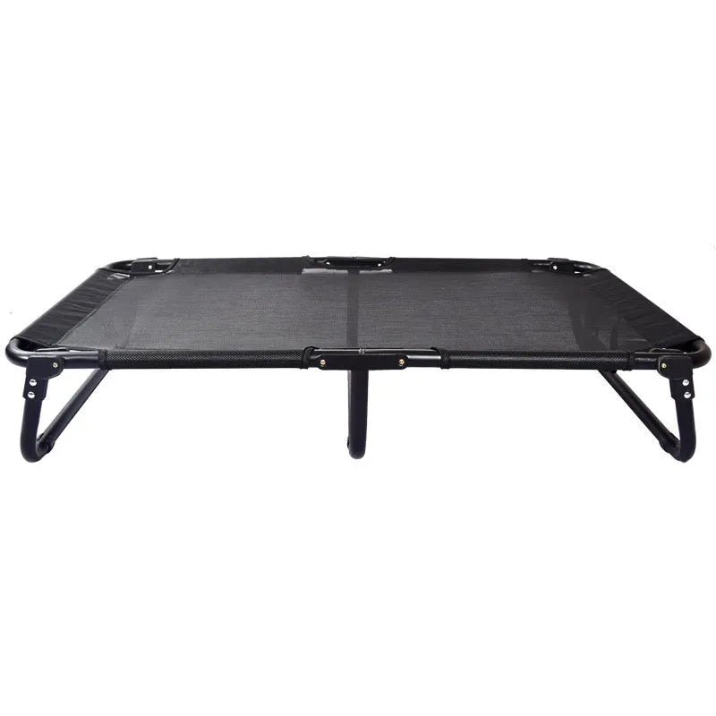 Folding steel frame dog camp bed with grey mesh fabric and a mattress in size large.