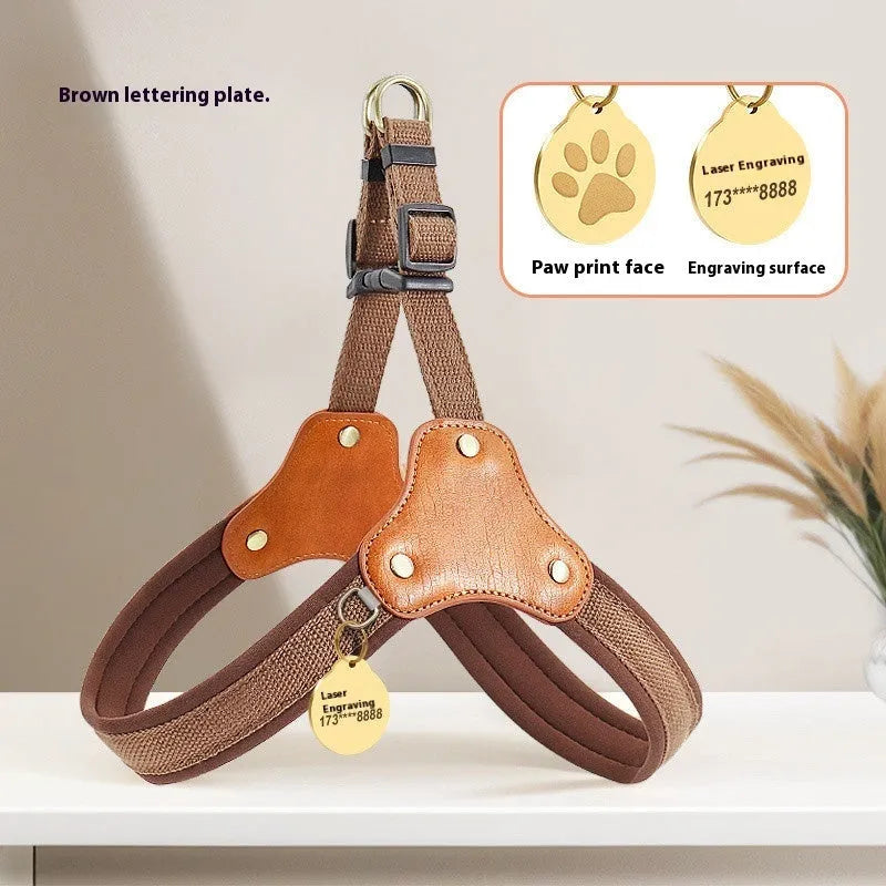 Small dog breast collar with hand-holding rope in brown, green, and light blue, cloth material, sizes S M L