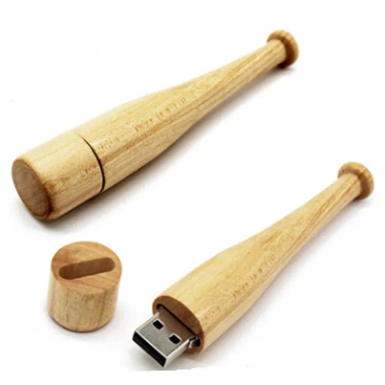 Baseball bat shaped USB flash drive with wood shell, 16GB capacity, black USB plug