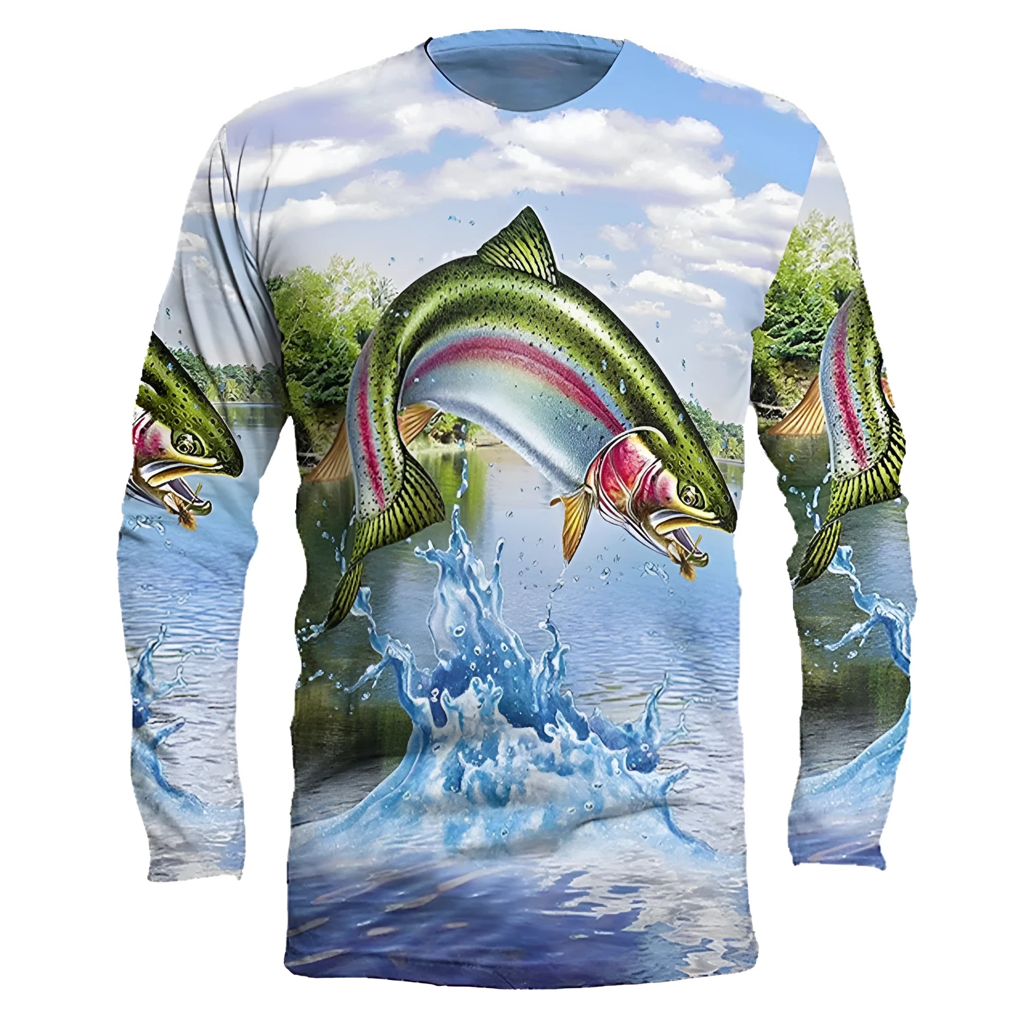Men's grey long-sleeved pullover top with a colourful fish print pattern, round neck.