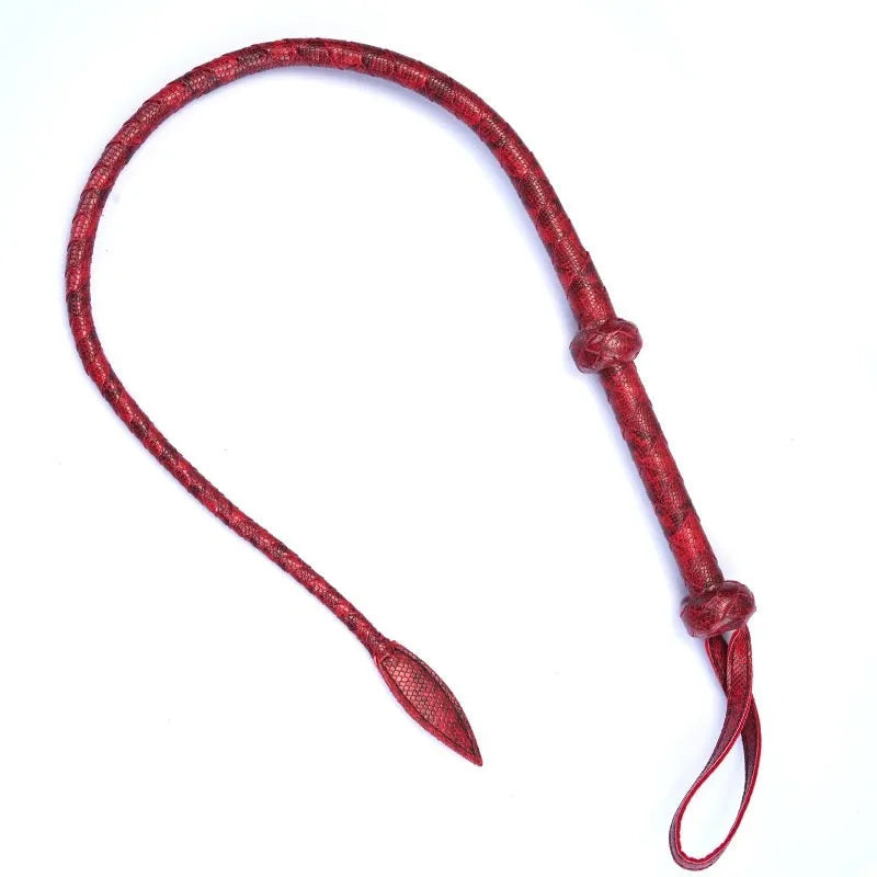 Red PU willow leaf whip BDSM training tool on black background