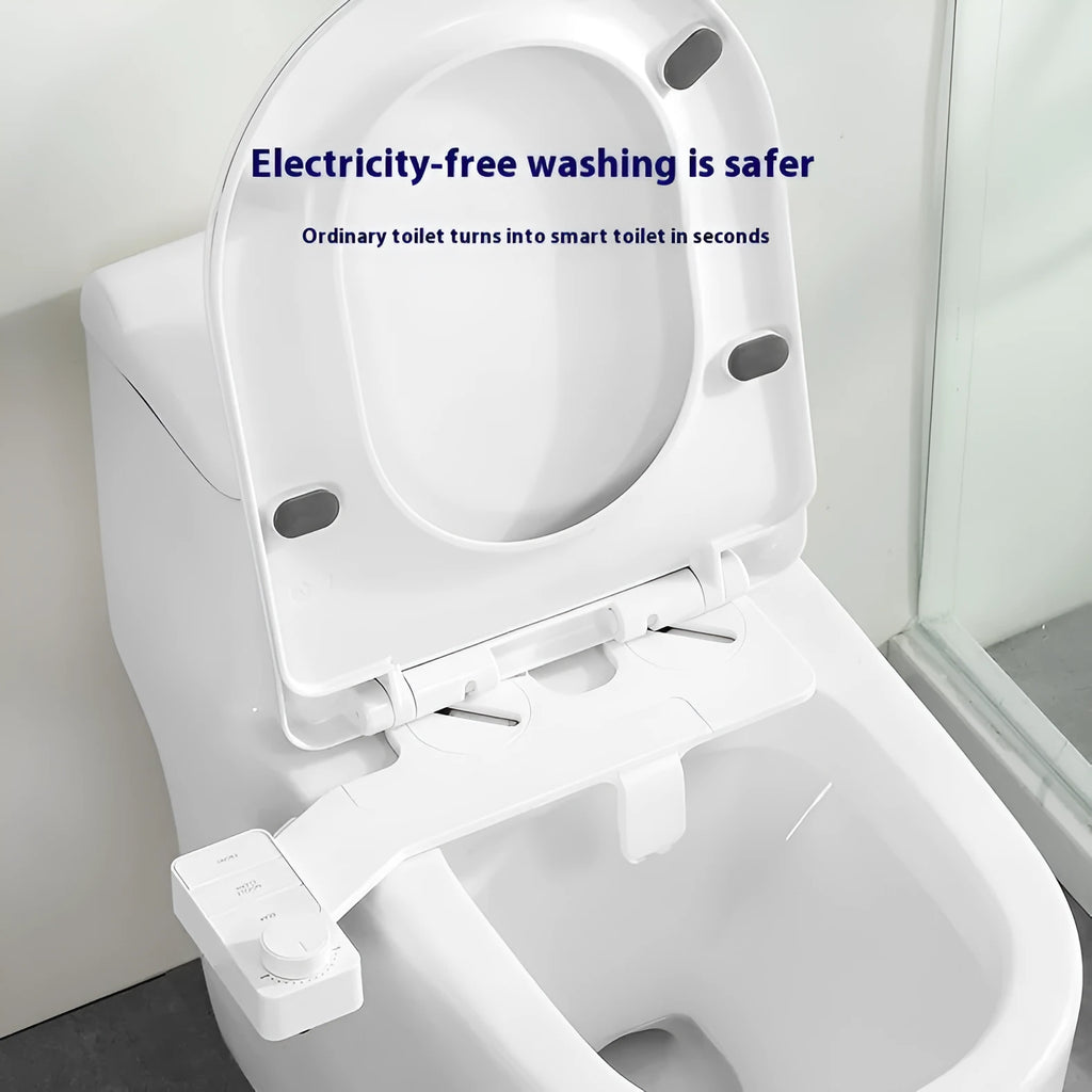 Pure white manual wash butt-lifting tool with button control and multiple plumbing adaptors on a white background.