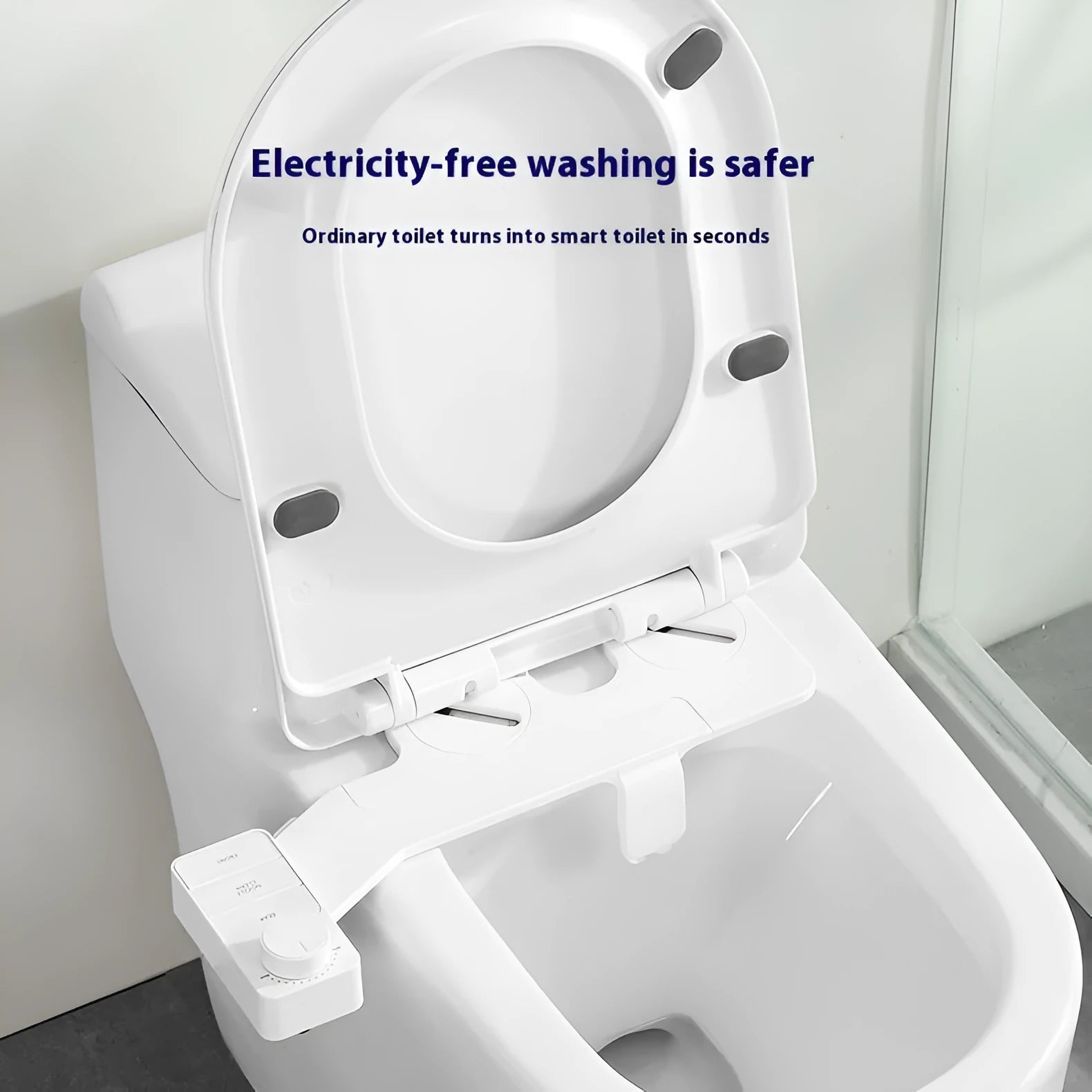 Pure white manual wash butt-lifting tool with button control and multiple plumbing adaptors on a white background.