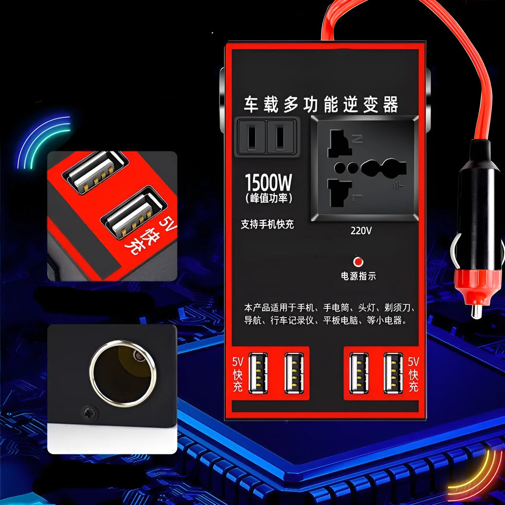 Black automotive power converter with USB charging ports for 12V/24V to 220V vehicle power conversion