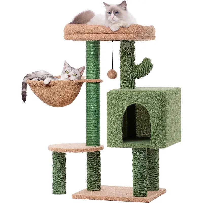 Wooden cat climbing frame with shelf and jumping platform in cactus green, 43x33x87cm dimensions