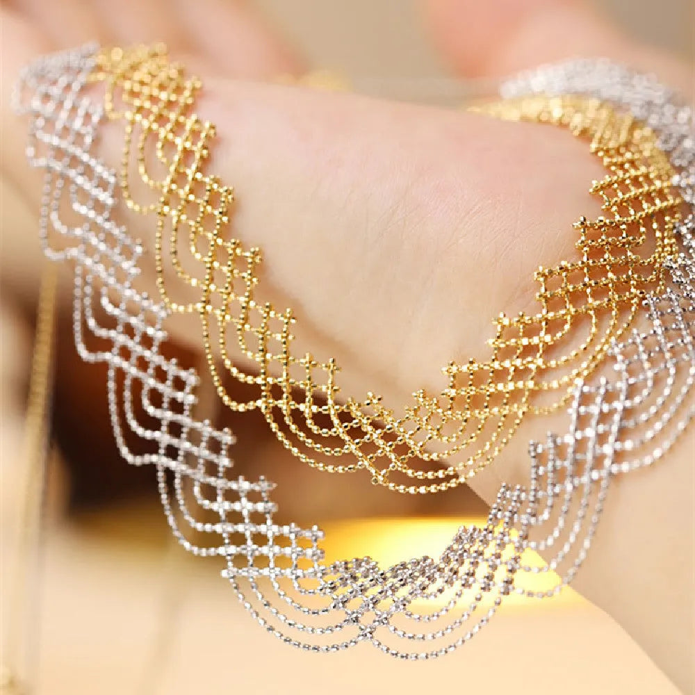 18K gold inverted rainbow adjustable neck chain, 45cm total, 21cm lace section, white or yellow rainbow