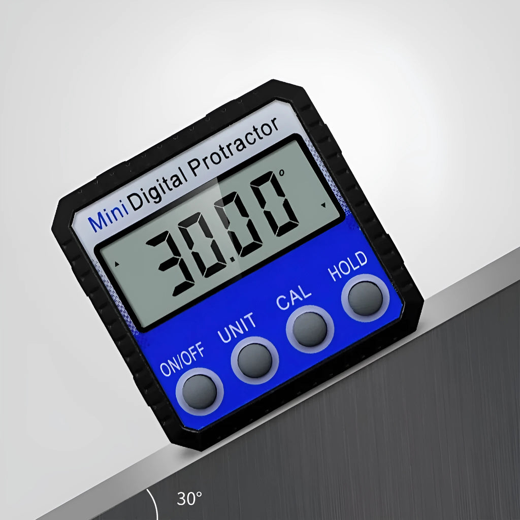 Blue digital inclinometer with magnetic base and multi-angle flip display on a metal surface
