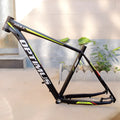 Black green aluminium mountain bike frame with inner cable routing and disc brake mounting points