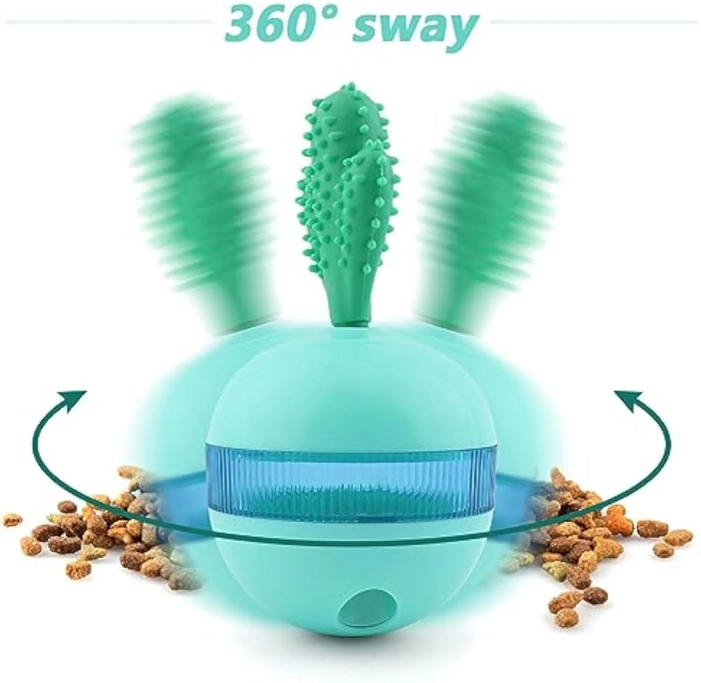 Blue and green durable rubber interactive dog treat dispensing ball toy for medium large dogs