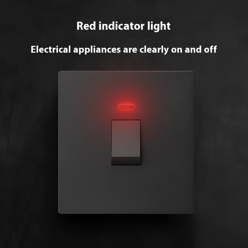 Gold coloured high current electrical switch with illuminated panel for water heater and air conditioner.