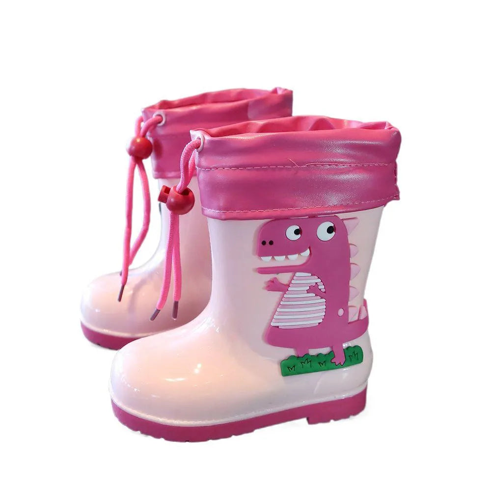 Children's non-slip low-top rain boots with cartoon dinosaur design in pink, yellow, and blue, PVC material, inner length 14-20cm