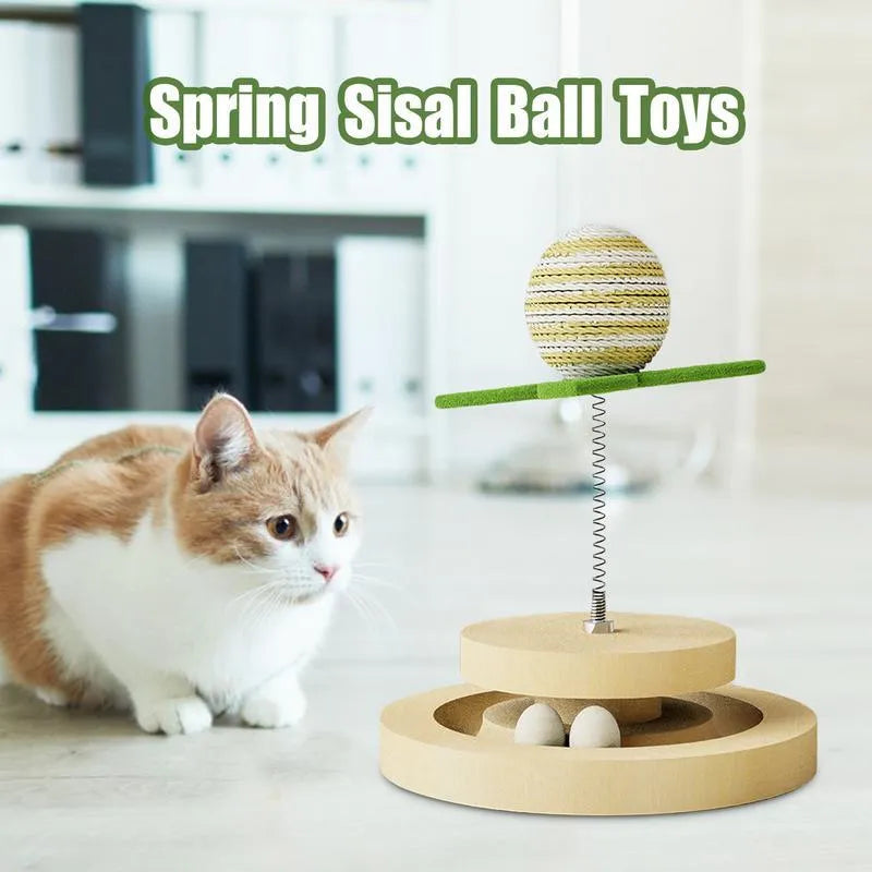 Green sisal cat scratching pad with ball track toy featuring rotating turntable design