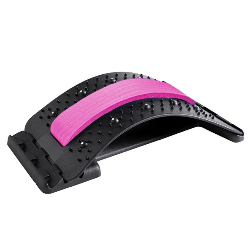 Adjustable back massager and lumbar stretcher in black and colour options, showing massage points.