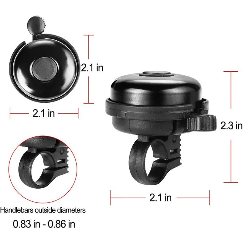 Black bicycle bell with 58mm diameter and ABS plastic construction showing handlebar clamp fixture