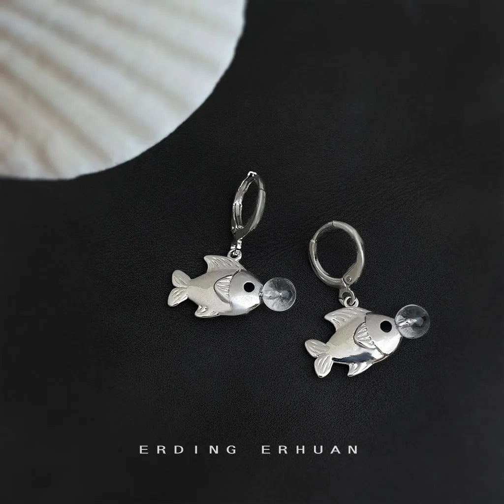 Bubble fish design copper earrings with goldfish animal modelling and electroplated finish