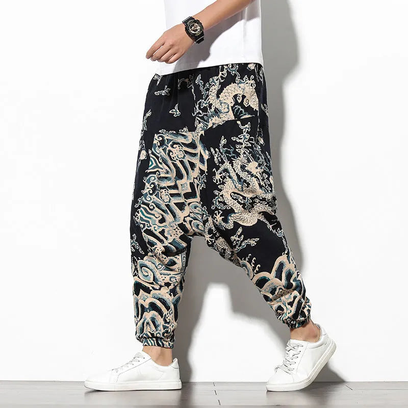 Women's summer bohemian loose wide-leg elephant flower print cotton trousers in blue fan colour