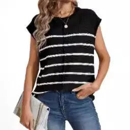 Women's striped sleeveless pullover vest top in apricot colour with bone stitching detail.