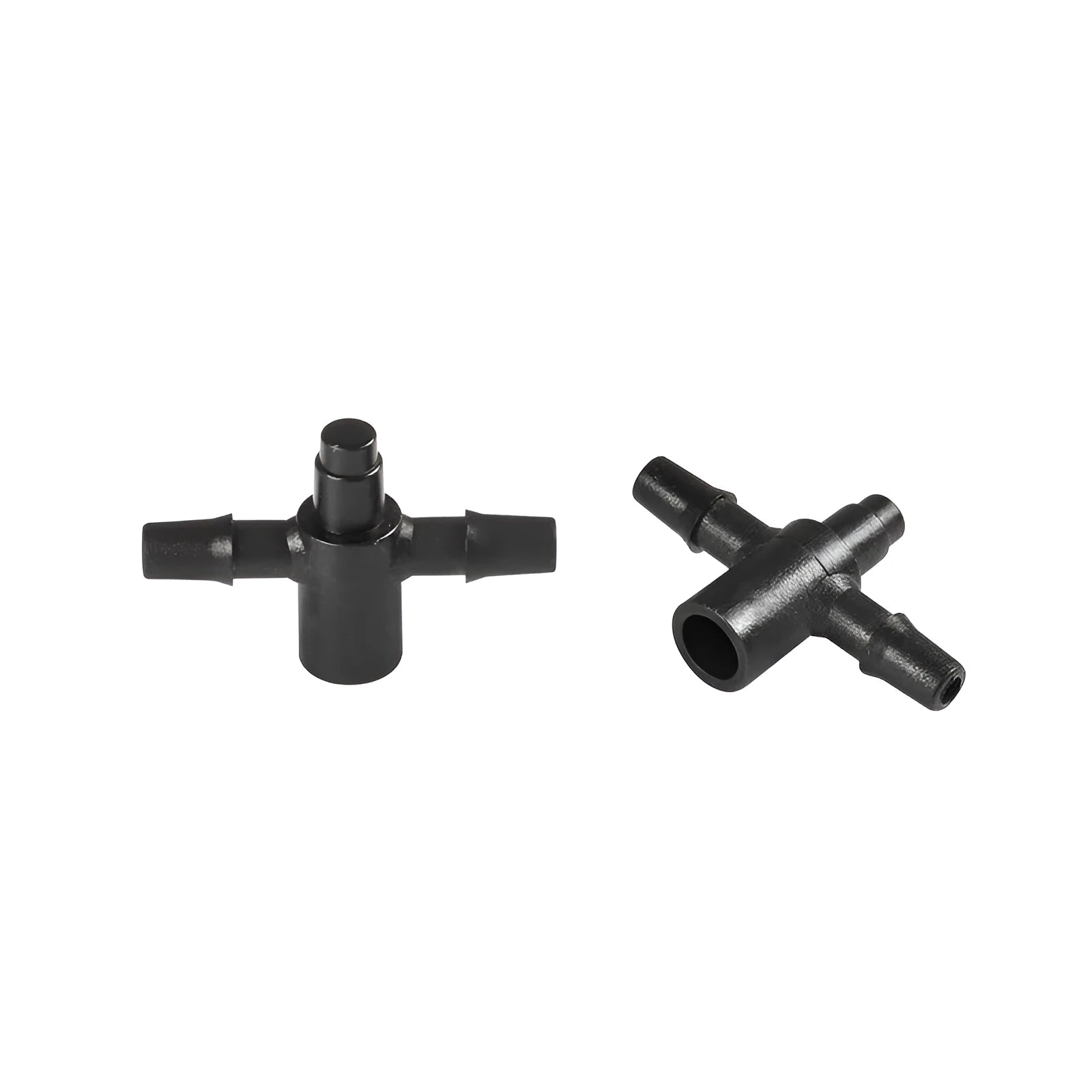 A white plastic tee water distributor joint for micro spray irrigation systems.