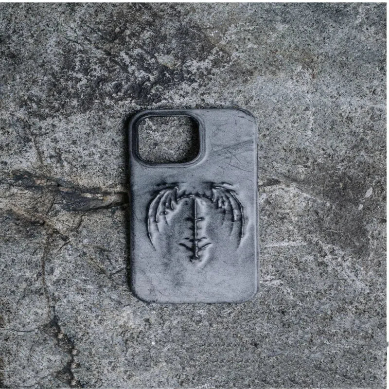 Retro gothic vampire bat wing embossed dark style cowhide leather phone case for iPhone, red and gray-black
