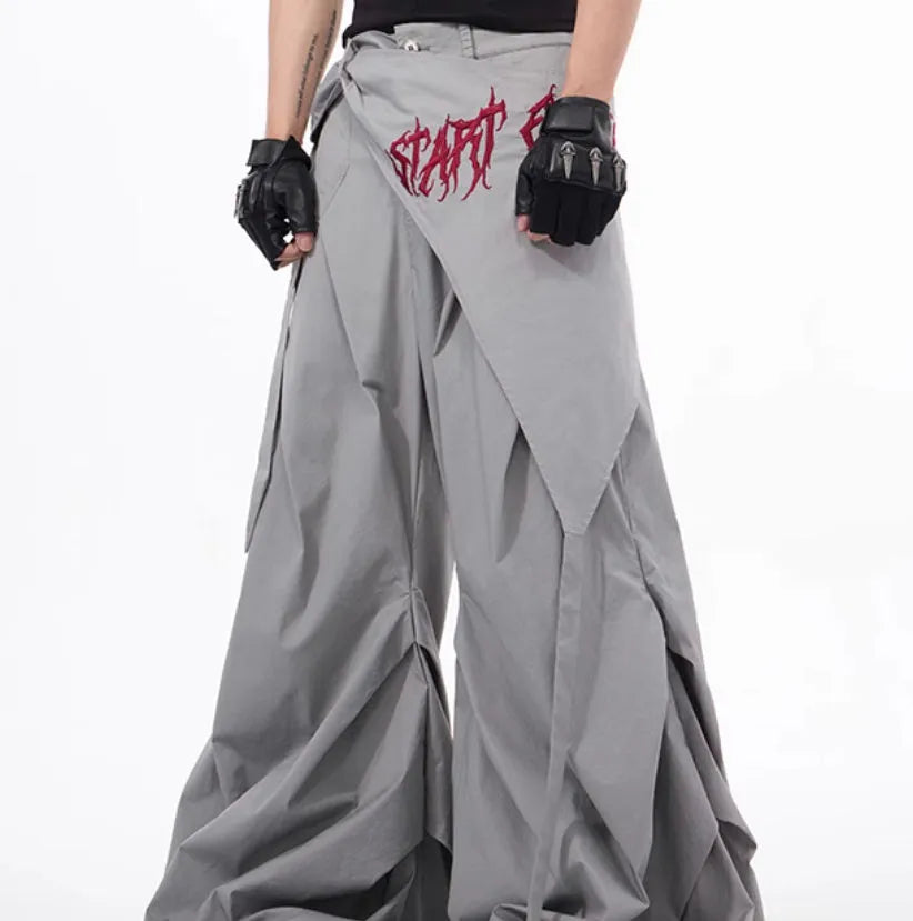 Korean style wide-leg function pants for boys in black solid colour with relaxed fit