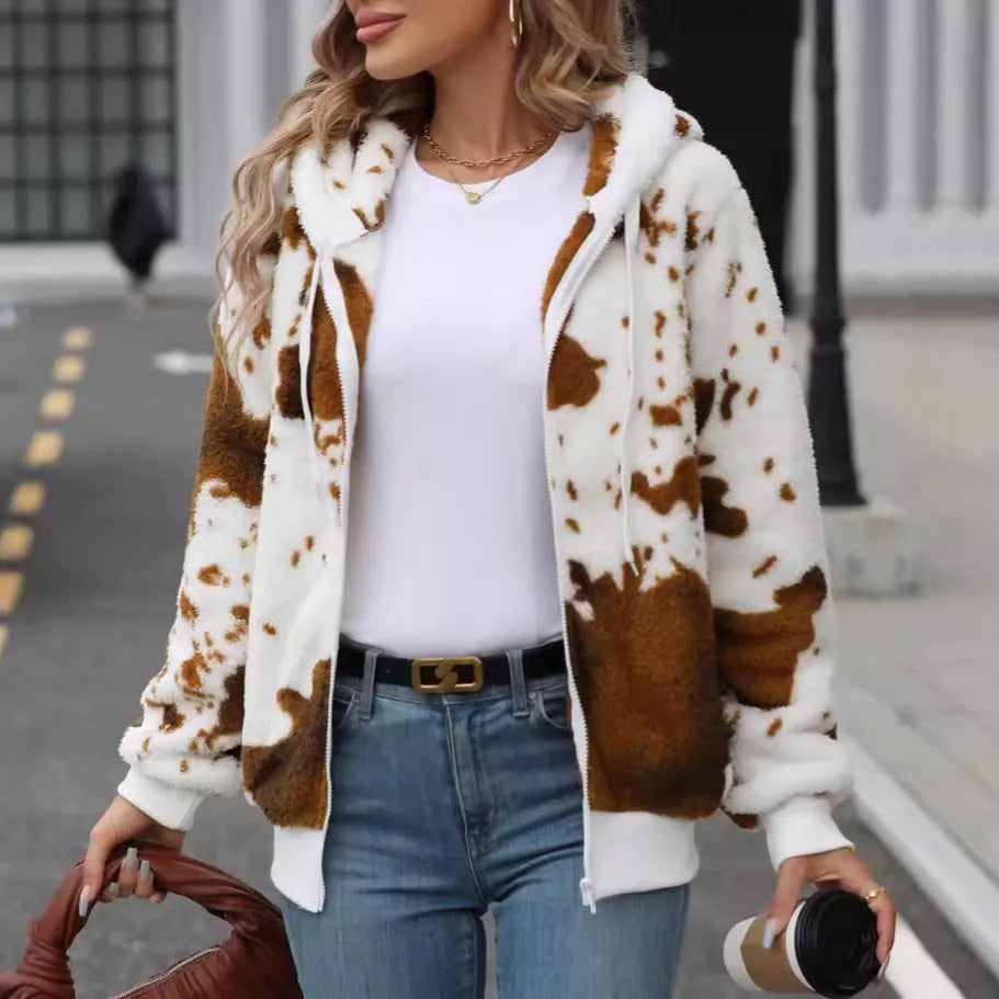 Yellow brown cow animal print hooded cardigan jacket with full front zipper in plush polyester fabric