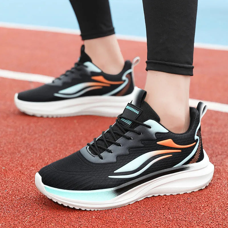 Men's lightweight sports shoes synthetic leather flat heel solid colour blue side view