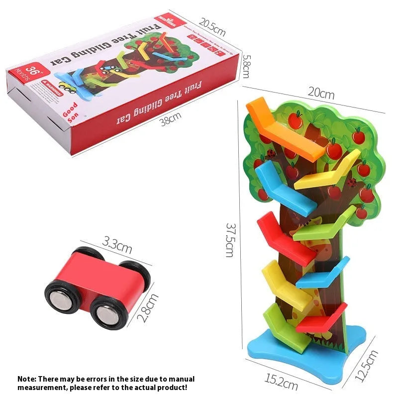 Children's wooden multi-layer inertial sliding car track toy in a colour slide variant for kids aged 4-6.