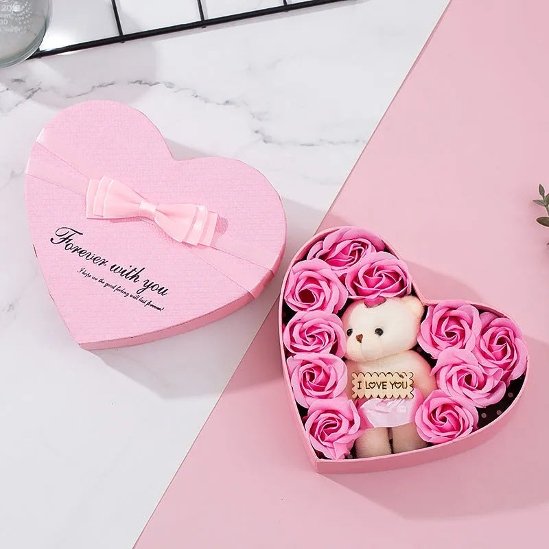 Heart-shaped red gift box with pink and red soap roses for Valentine's Day and Mother's Day gifts