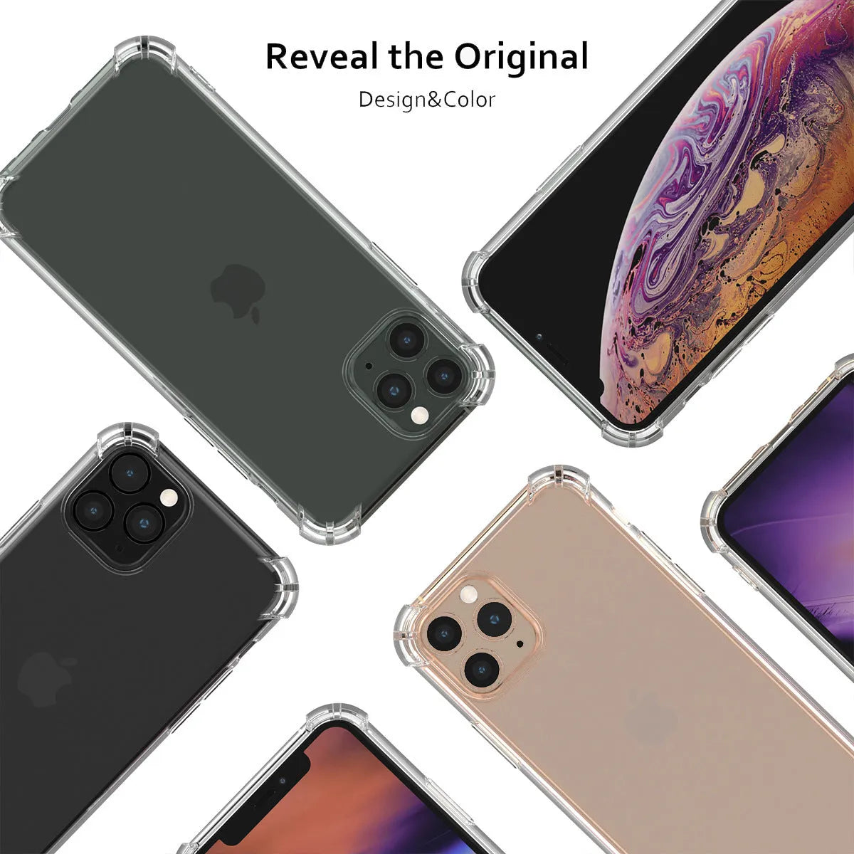 Transparent shockproof TPU phone case for Apple iPhone models on a white background.