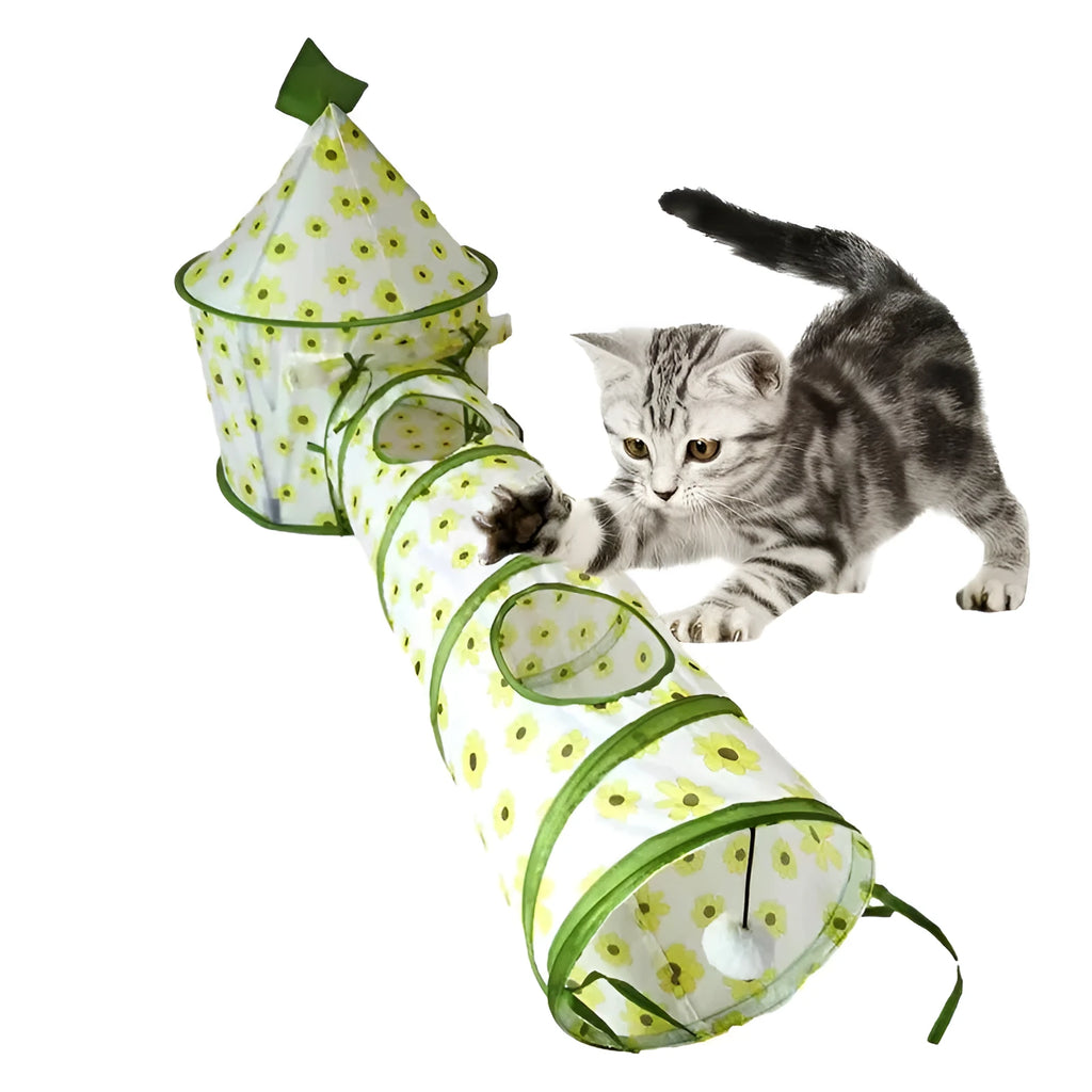 Foldable cat play tunnel with removable tubes and bunny tent in colour kitten design