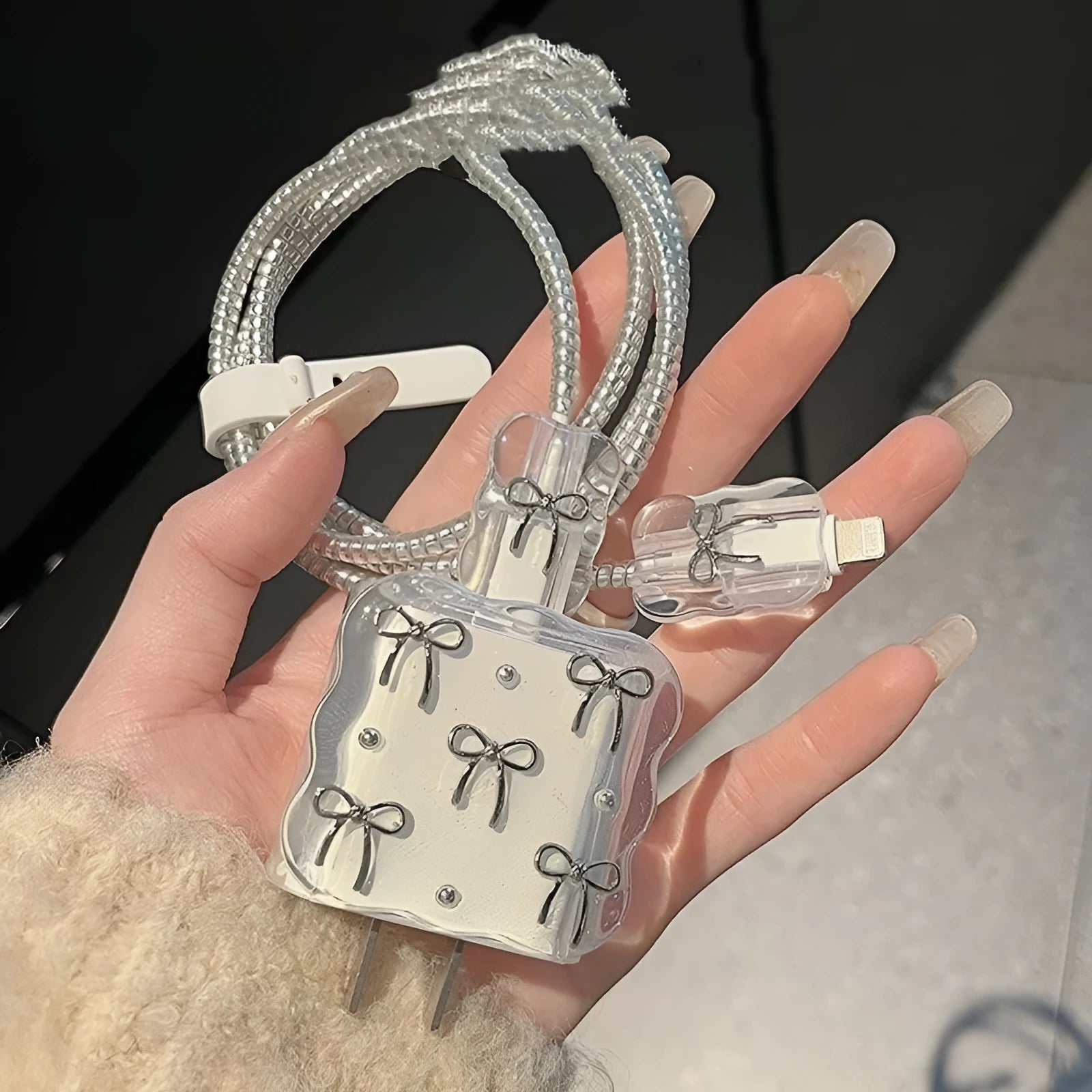 Transparent TPU charger protective cover set with bow design for 20W charger