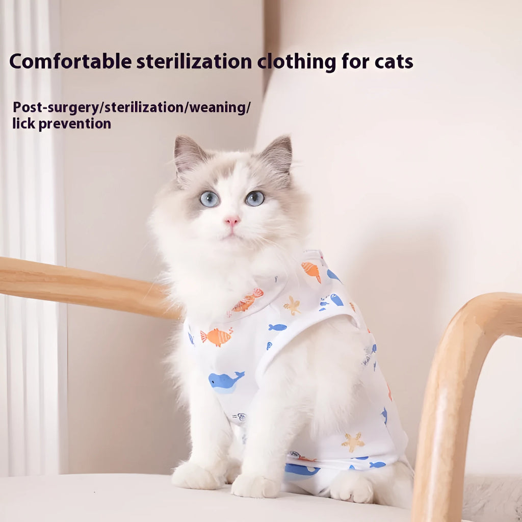 Cat wearing a printed polyester sterilization recovery suit with Velcro fastening on its torso.