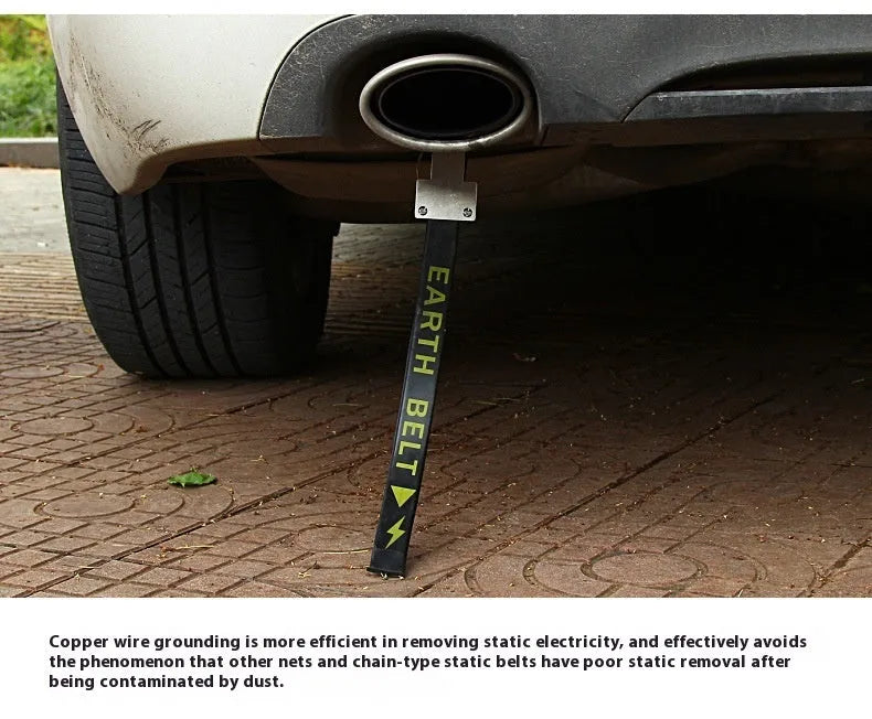 Black car electrostatic grounding belt, 37cm long with metal hook, shown against a vehicle tyre.