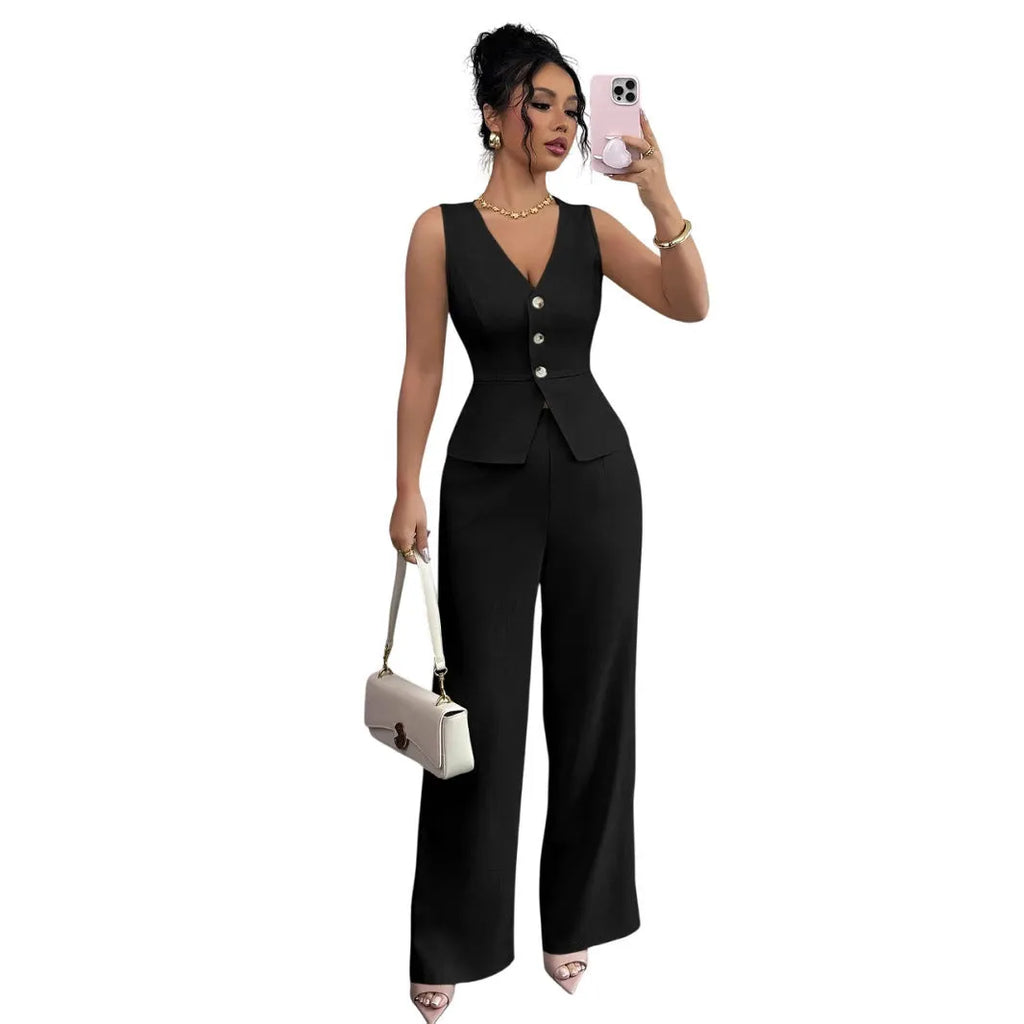 Solid colour sleeveless vest and high-waist trousers two-piece set in polyester fabric