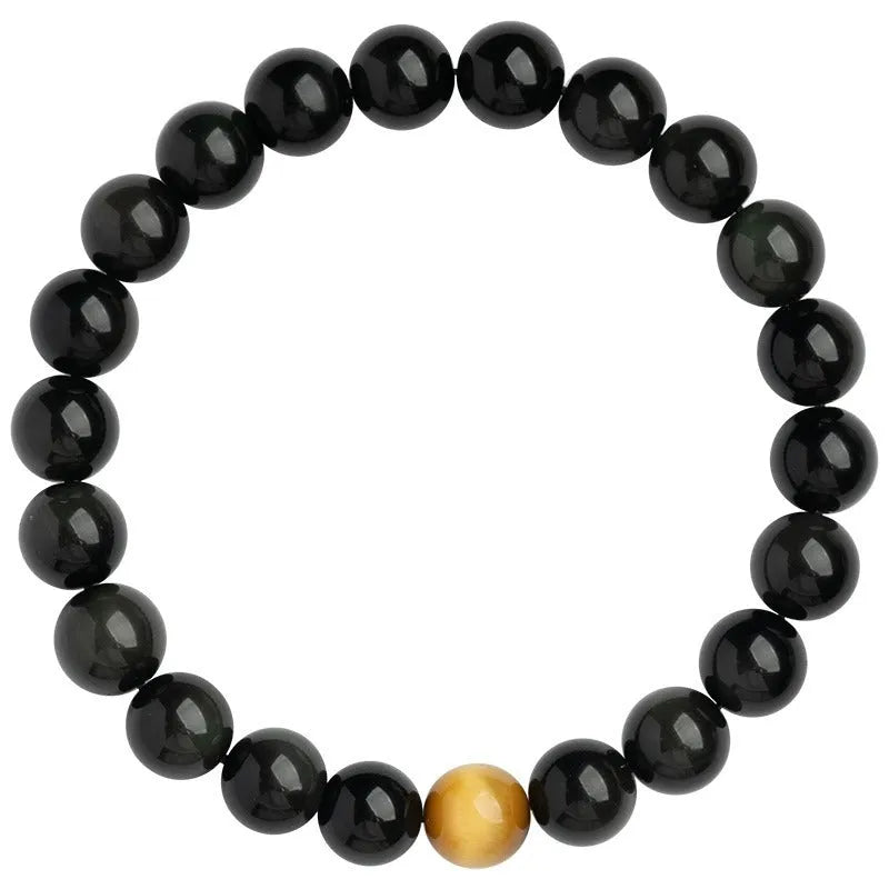 Black obsidian stone bracelet with geometric beads in Korean unisex style.